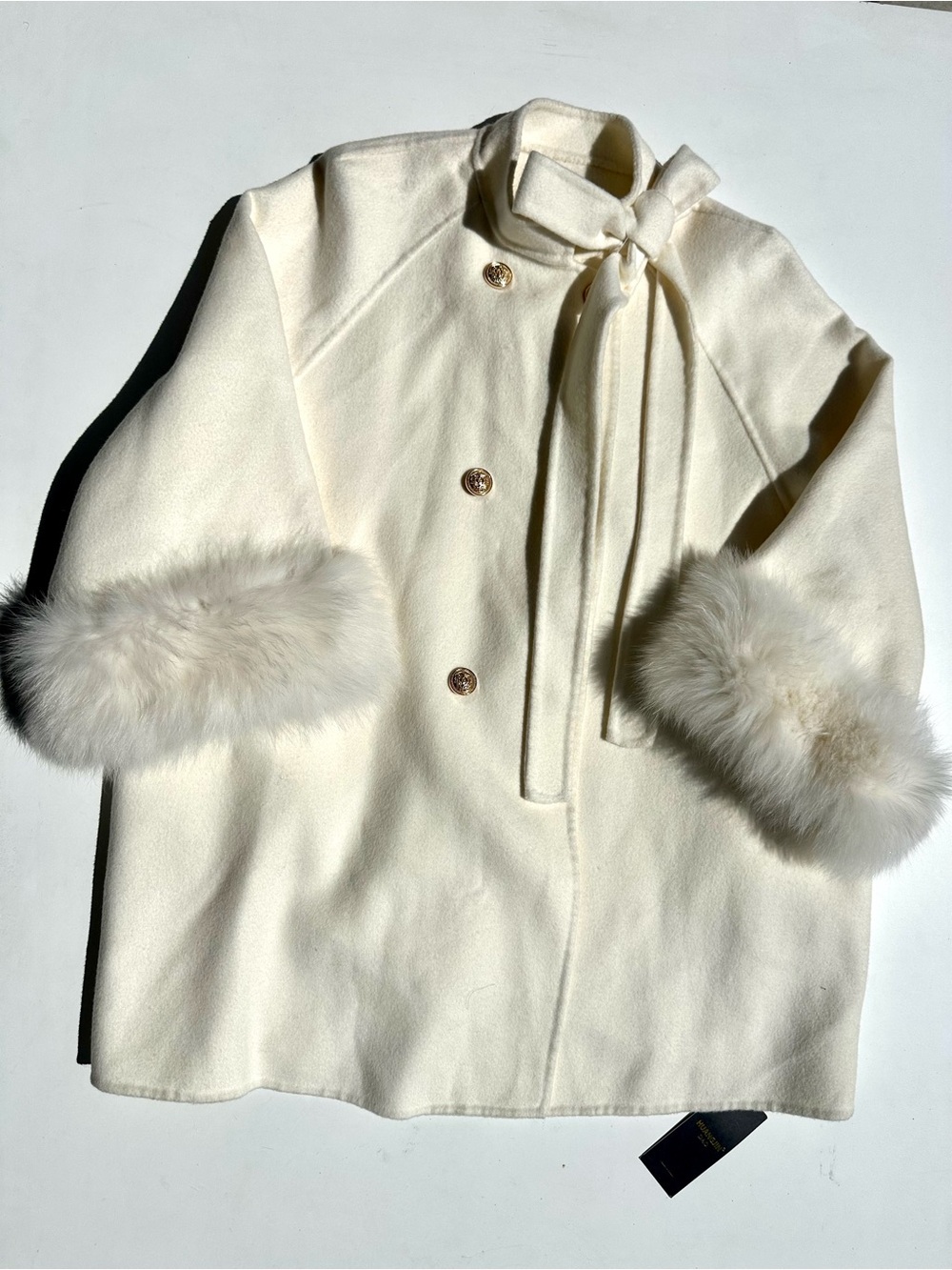 NWT Genuine Fox Fur Cuffs 100% Double Faced Wool Cream Tie-Neck Coat Women's, S